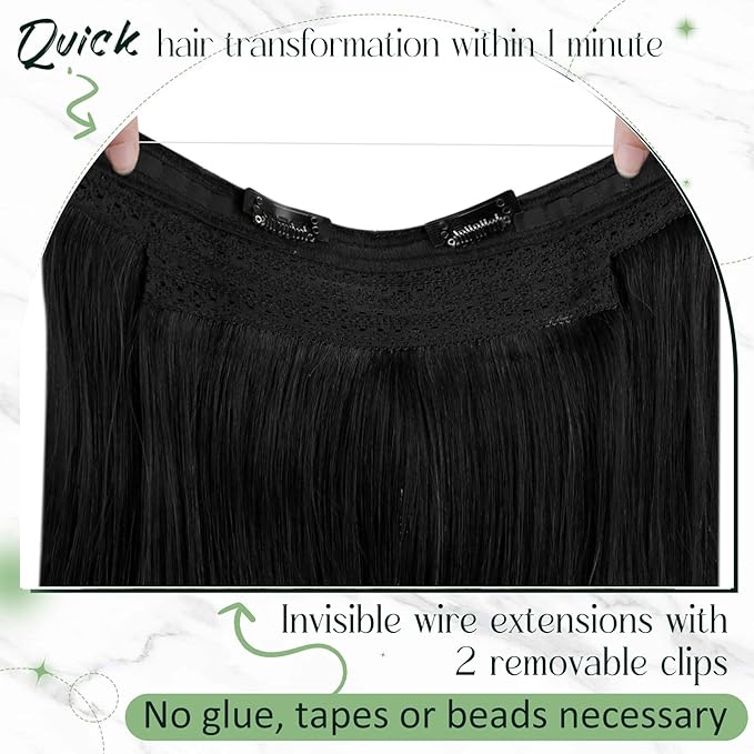 RUNATURE Invisible Wire Hair Extensions Real Human Hair Jet Black, 20 Inch One Piece 100g, Fish Line Hair Extensions Straight Soft Hair, Natural Looking #1 Jet Black