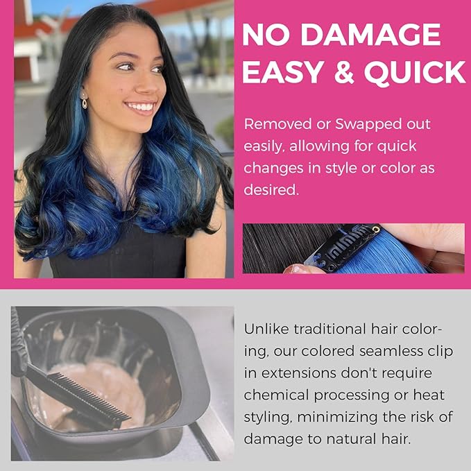 Lashey Clip in Hair Extensions Real Human Hair 50g 4pcs Blue Straight Seamless Clip in Hair Extensions Human Hair 22 Inch Hair Extension Clips