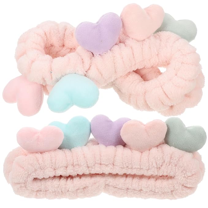 2pcs Heart Design Fuzzy Spa Hairbands for Women Elastic Stretch Makeup Head Wraps Skin-friendly Soft Comfortable Fit for Face Washing and Skincare Routine
