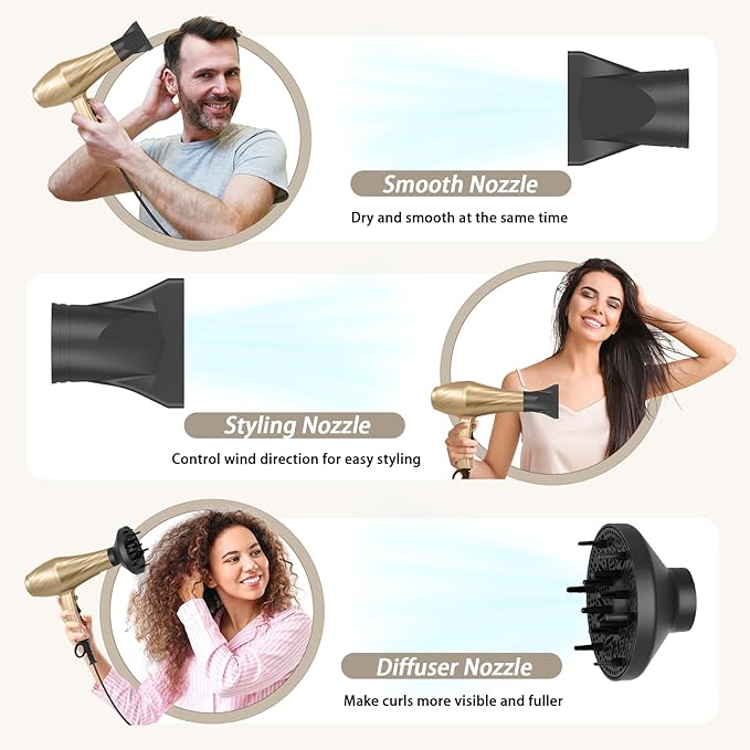Ionic Hair Dryer,2400W Negative Ion Low Noise Hair Dryer Professional Fast Drying Hair Dryers with 2 Speeds, 3 Heat Settings, Cooling Button,with Diffuser for Curly and Straight Hair（Champagne Gold）