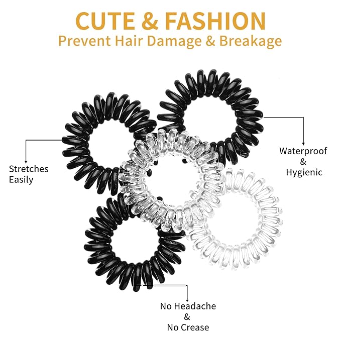 16Pcs Spiral Hair Ties, (Glossy Black&Clear White) Hair Elastic Coils for Women and Girls, Waterproof Phone Cord Hair Scrunchies Accessories Bands for Ponytails and Updos