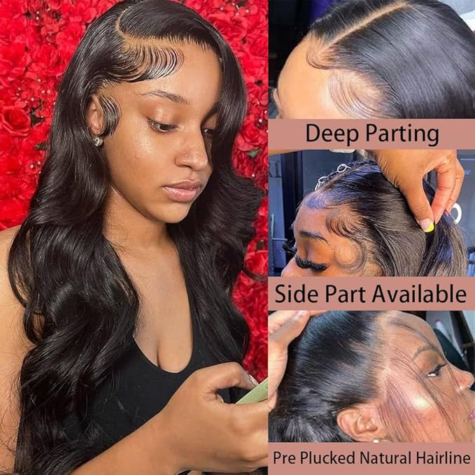 Body Wave Natural Black Human Hair Wigs For Black Woman 13X6 HD Lace Front Wigs 100% 10A Brazilian Virgin Hair Skinlike Lace Frontal Wig 220% Density Pre Plucked with Baby Hair 16 inch