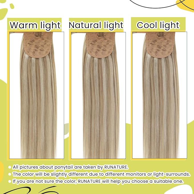 RUNATURE Ponytail Extension Human Hair Blonde, Real Hair Ponytail Extension, 20 Inch Human Hair Ponytail, Long Ponytail Hair Extensions, Remy Natural, 80g #8P60 Light Brown Highlight Platinum Blonde