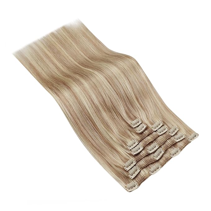 Ve Sunny Clip in Hair Extensions Real Human Hair Highlights Human Hair Clip in Extensions Dark Ash Blonde Highlights Light Blonde Human Hair Extensions Clip ins for Women Quick-Apply 5pcs 12inch 80g