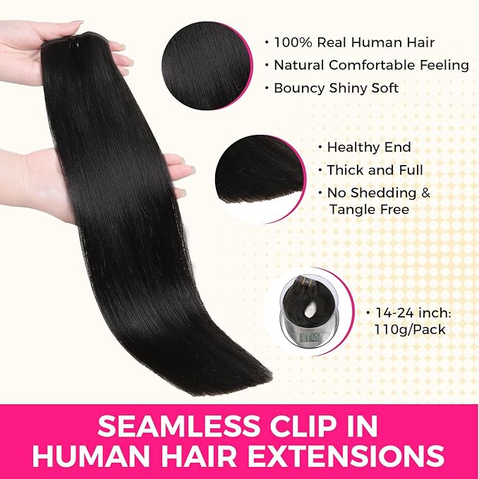 Lashey Seamless Clip in Hair Extensions 20 Inch 110g 7pcs Light Yaki Straight Clip in Hair Extension Human Hair Natural Black Extensions Remy Hair Extensions Clip ins Human Hair