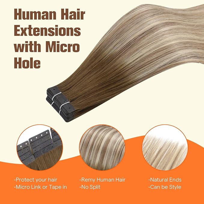 Full Shine Balayage Tape in Hair Extensions Human Hair Color 3/8/22 Dark Brown to Ash Brown and Blonde Seamless Tape in Extensions 12Inch 30G 20PCS Invisible Skin Weft Pu Tape in with Holes
