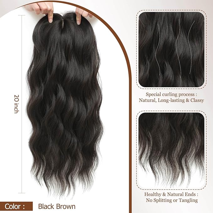 MORICHY Hair Toppers for Women Clip in Hair Topper with Bangs 20inch Black Brown Long Wavy Curly Synthetic HairPieces for Women