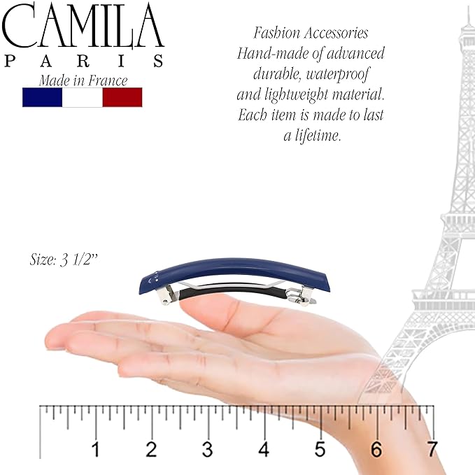 Camila Paris CP3456 French Hair Barrette Clip for Girls Dark Blue, Rubberized Metal Clasp Strong Hold Grip Hair Clips for Women, No Slip Durable and Styling Girls Hair Accessories, Made in France