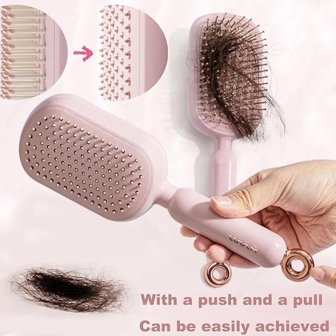 Retractable Cushion Massage Comb for Wet & Dry Hair, Anti-Static Self Cleaning Hair Brush for All Hair Types, Soft Bristles, Easy Eliminates Knots, Detangling Hairbrush for Women Men (Pink + Blue)