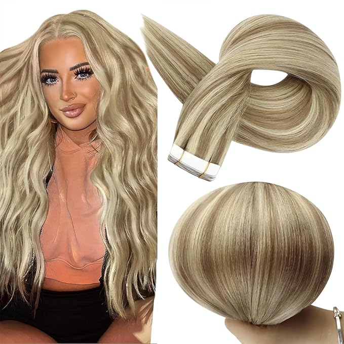 Full Shine Tape in Real Human Hair Extensions Remy Hair Extensions Color 16P22 Blonde Tape in Hair Extensions Straight Hair 20Pcs Seamless Tape ins Extensions Skin Weft Human Hair Extension 30g 12Inch