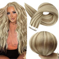 Full Shine Tape in Hair Extensions Human Hair 16Inch Blonde Human Hair Extensions Highlight Golden and Medium Blonde Invisible Tape in Extensions 50Gram 20Pcs Double Sided Seamless Skin Weft