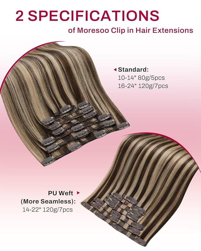 Moresoo Seamless Hair Extensions Clip in Dark Brown with Caramel Blonde 22 Inches Clip in Hair Extensions Real Human Hair Clip in Extensions for Thick Hair 120g 7pcs