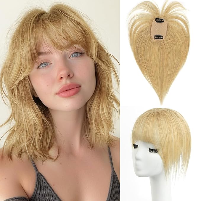 Hair Toppers for Women Real Human Hair (Dark Blonde#27)-360°3D 10inch Topper with Bangs for Thinning Hair, Clip-in Bangs with Upgraded Silk Base, Perfect for Daily Wear