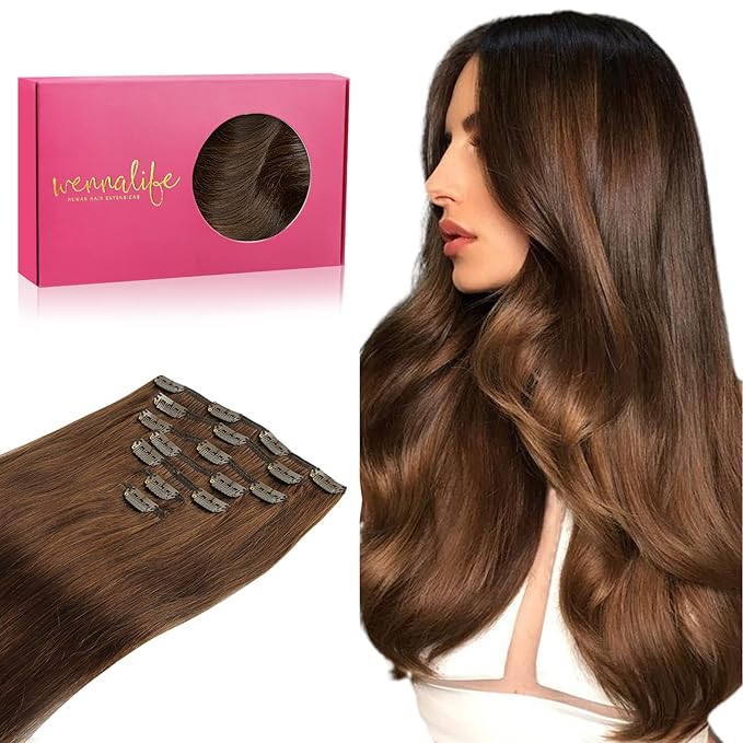 WENNALIFE Clip in Hair Extensions Real Human Hair, 24 Inch 140g 7pcs Remy Hair, Chocolate Brown Straight Natural Extensiones De Cabello Humano Con Clip Ins