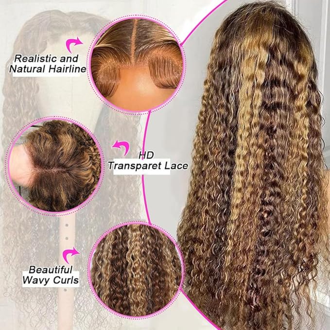 30inch Highlight Ombre Lace Front Wig Human Hair 13x6 HD Honey Blonde 4/27 Deep Wave Lace Frontal Wigs Glueless Wigs Human Hair (4/27 Honey Blonde, 34inch)