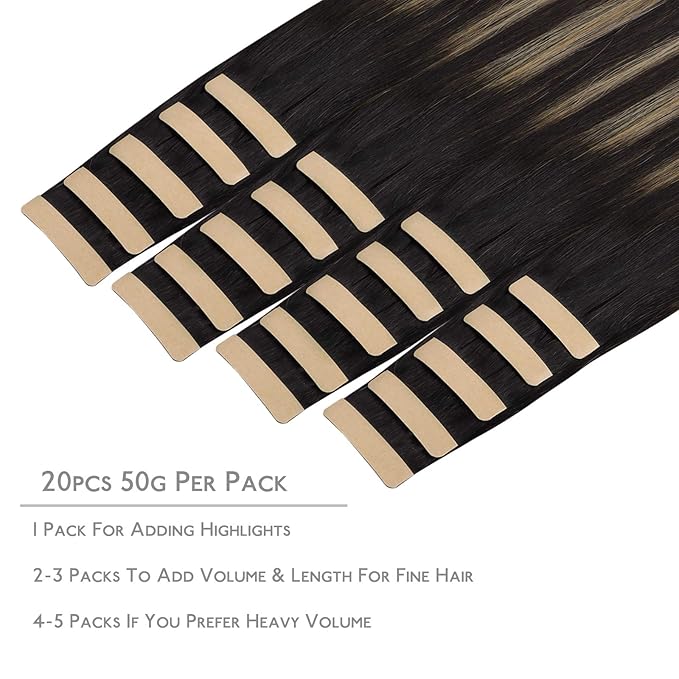 WENNALIFE Tape in Hair Extensions Human Hair, 20pcs 50g 18 inch Natural Black to Light Blonde Remy Hair Extensions Straight Human Hair Tape in Extensions Skin Weft Tape Extensions Human Hair