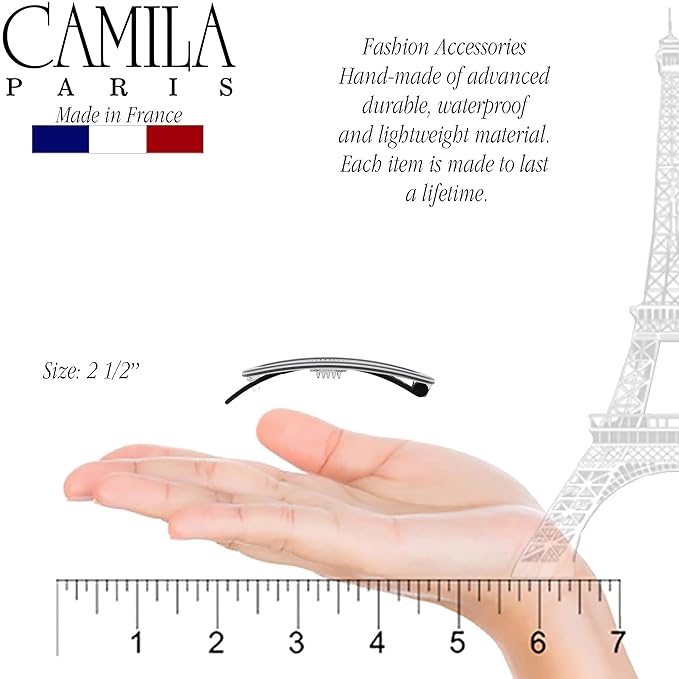 Camila Paris CP3366 French Hair Barrette Clip for Women, Handmade Gray White, Slide-in Metal-Free Closure, Strong Hold Grip Hair Clips for Girls, No Slip Durable Hair Accessories, Made in France