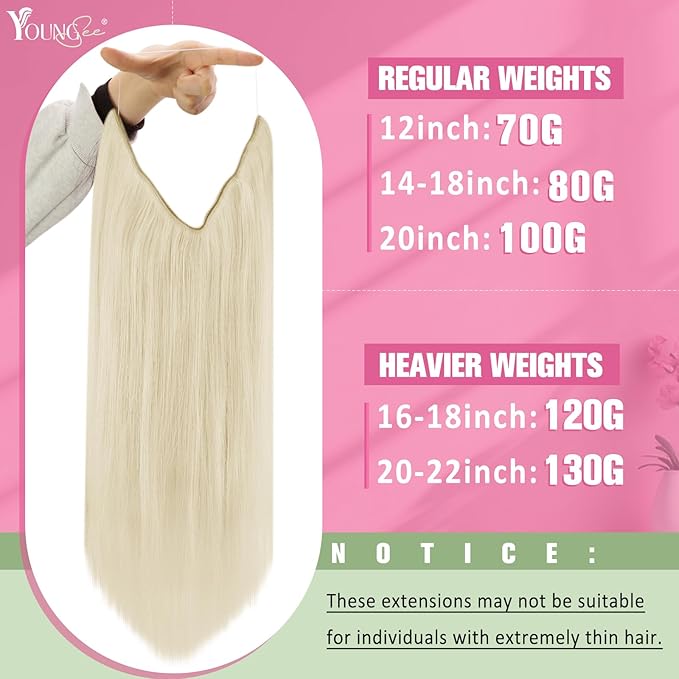 YoungSee 130G Human Hair Wire Extensions Blonde Hidden Wire Hair Extensions Platinum Blonde Invisible Fish Line Hair Extensions Real Human Hair 20 Inch
