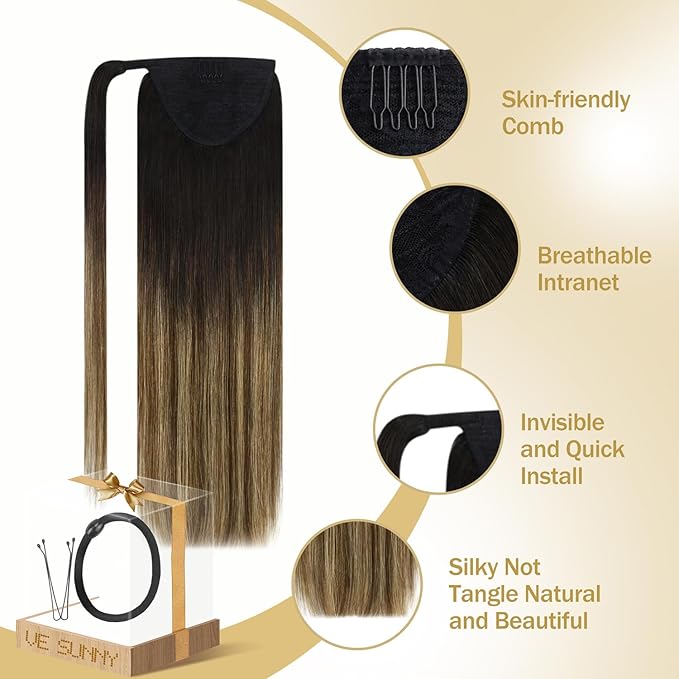 Ve Sunny Hair Extensions Ponytail Real Human Hair Wrap Around Clip in Ponytail Hair Extensions Straight Extensions Human Hair for Women Black Ombre Dark Brown Balayage Caramel Blonde 22inch 80G
