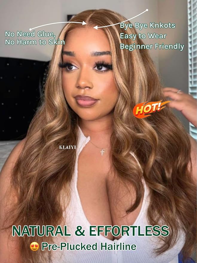 KLAIYI Bye Bye Knots Glueless Wig Highlight Blonde Body Wave Pre Cut 7x5HD Lace Front Wigs Human Hair Pre Plucked Pre Bleached Pre Everything Wear and Go Wig 12A Ombre Brown 30S Ready To Wear 28Inch