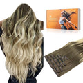 DOORES Real Human Hair Extensions, Ash Brown to Platinum Blonde, 14 Inch 110g 7pcs, Seamless Clip in Straight Hair Invisi Edge Extensions