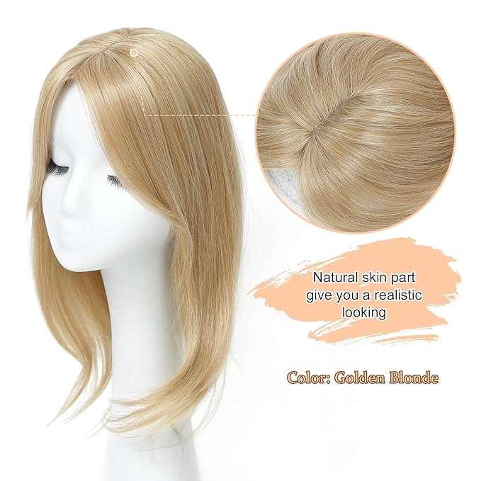 UDU Hair Toppers for Women, Synthetic Fiber, Golden Blonde, Straight, 18 Inch, 5x5 Inch Base, Clip-in Wiglets with Fringe Bangs