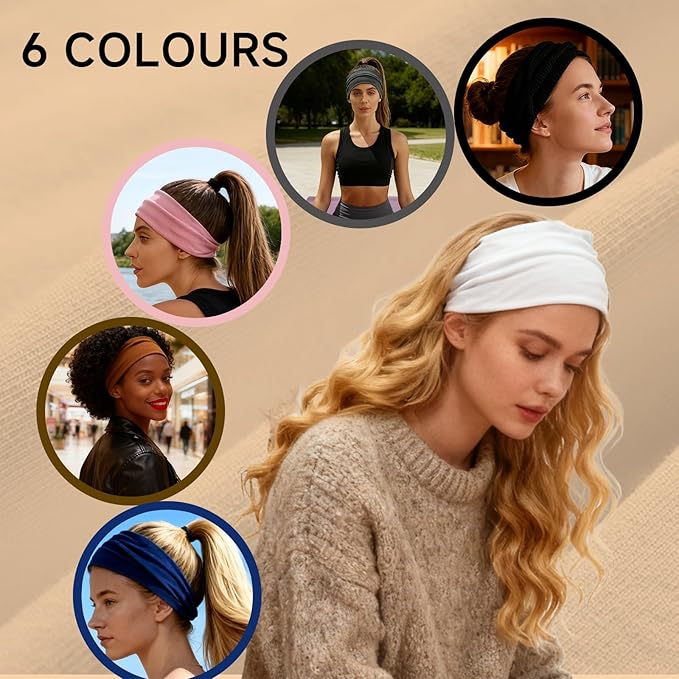 6 Pack Wide Headbands for Women, Elastic Thick Headbands for Women's Hair, Workout Hair Bands for Women Non Slip, Fashion Twist Knotted Turbans, Cute Head Wraps for Yoga Running Gym (Solid Color)