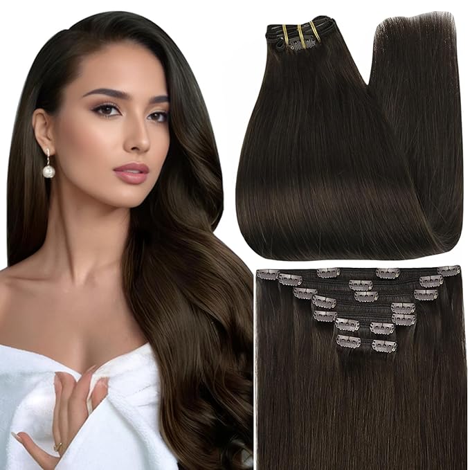 Full Shine Hair Extensions Clip in Human Hair Darkest Brown Invisible Clip in Extensions Human Hair Brown Silky Straight Brown Thick Real Hair Extensions 7 Pcs 16 Inch