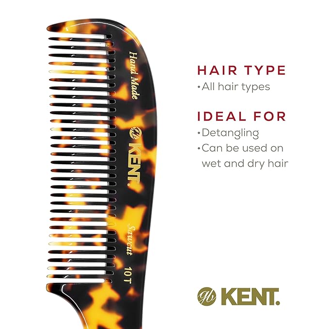 Kent 10T TY Large Handmade Wide-Tooth Detangling Rake Comb - Smooth and Comfortable for Curly, Wet or Dry, Thick Hair
