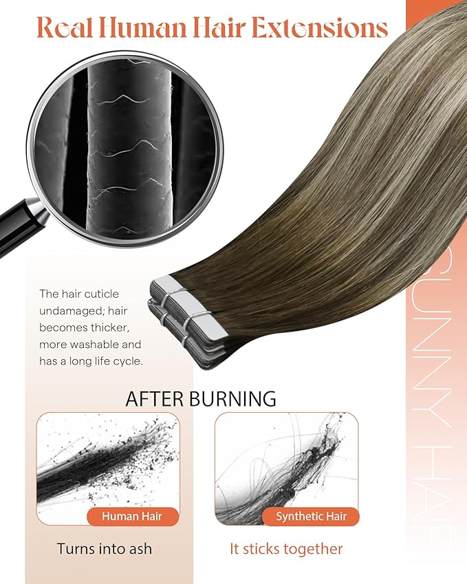 Sunny Hair Tape in Hair Extensions Human Hair,Balayage Brown with Blonde Hair Extensions Tape in 14 Inch Real Human Hair Tape in Extensions 40Pcs 100g