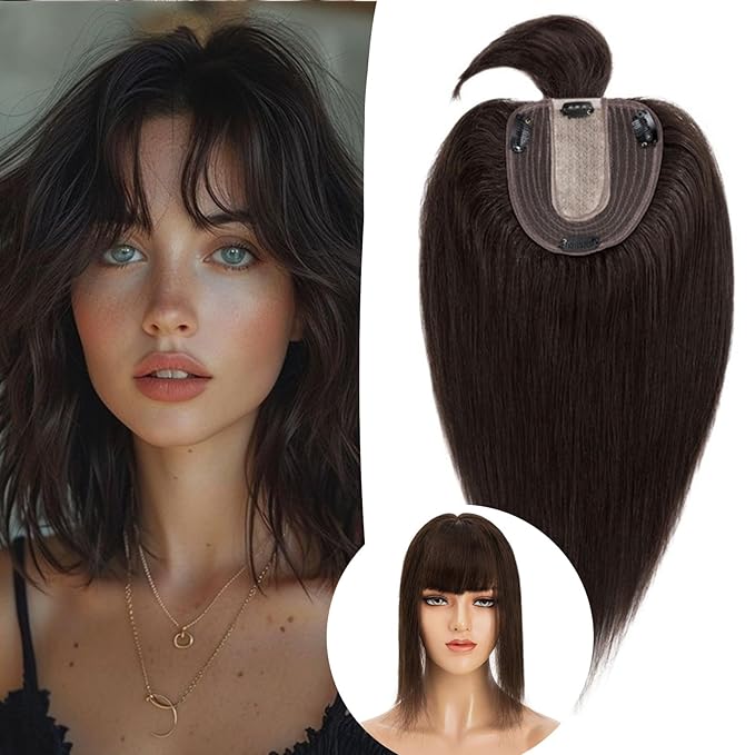 Rich Choices Real Human Hair Toppers for Women With Bang 100% Remy Human Hair Topper for Thinning Hair Clip in Silk Base Hair Topper 6 Inch #2 Dark Brown