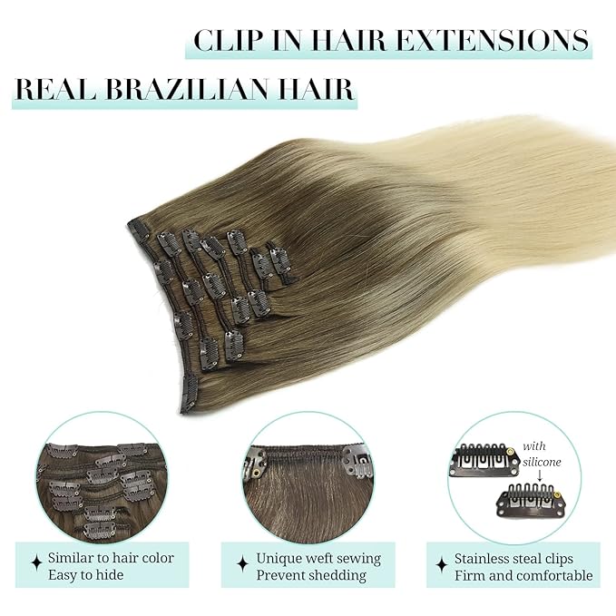 DOORES Clip in Hair Extensions Real Human Hair, Ombre Ash Brown to Platinum Blonde Straight 120g 7pcs 20 Inch Real Hair Extensions Clip in Human Hair Remy Natural Straight Weft
