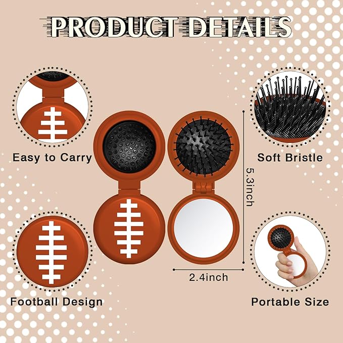12 Pcs Football Mini Detangler Brush, Folding Mirror Hair Brushes, Travel Hair Brush, No Tangle Soft Flexible Bristles for Straight, Curly, Thick Hair for Football Team Gift Sport Party