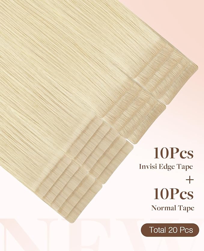 GOO GOO Invisi Edge Tape in Hair Extensions Human Hair, 613R Bleach Blonde 10pcs injected with 10pcs classical tape ins, 24inch 50g, Virgin Remy Hair, Natural Look