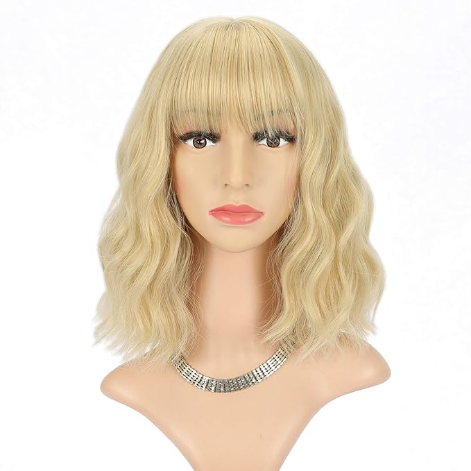 FAELBATY Blonde Wig With Bangs Short Wavy Bob Shoulder Length Synthetic Cosplay Wig for women Costume Wigs (12" Mix Blonde Color 6186)