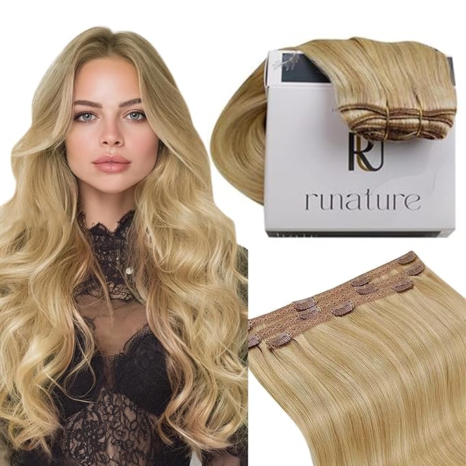 RUNATURE Clip in Hair Extensions Blonde Real Human Hair Clip in Extensions, Short Clip Hair Extensions Human Hair Blonde Highlights Remy Hair Add Hair Volume 12 Inch 50g 3pcs #16P24