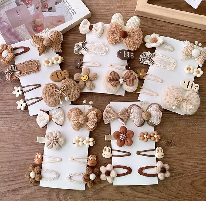 Hair Clips for Baby Girls-8 Pcs Beige Hair Accessories with Knitted Flower, Bow, Butterfly Designs-Soft Wool and Crochet Hairpins-Non-Slip Barrettes for Daily and Occasional Wear (Design 4-8pc Set)