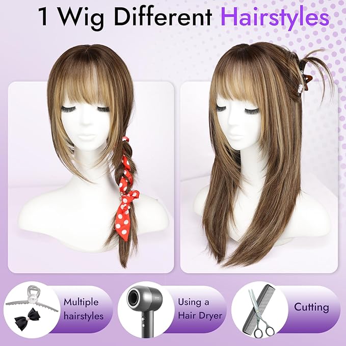 Wig with Bangs for Women Blonde Straight Face-Framing Layers Hairstyle 4x4 Realistic Scalp Glueless Synthetic Wigs Medium Length for Everyday Use