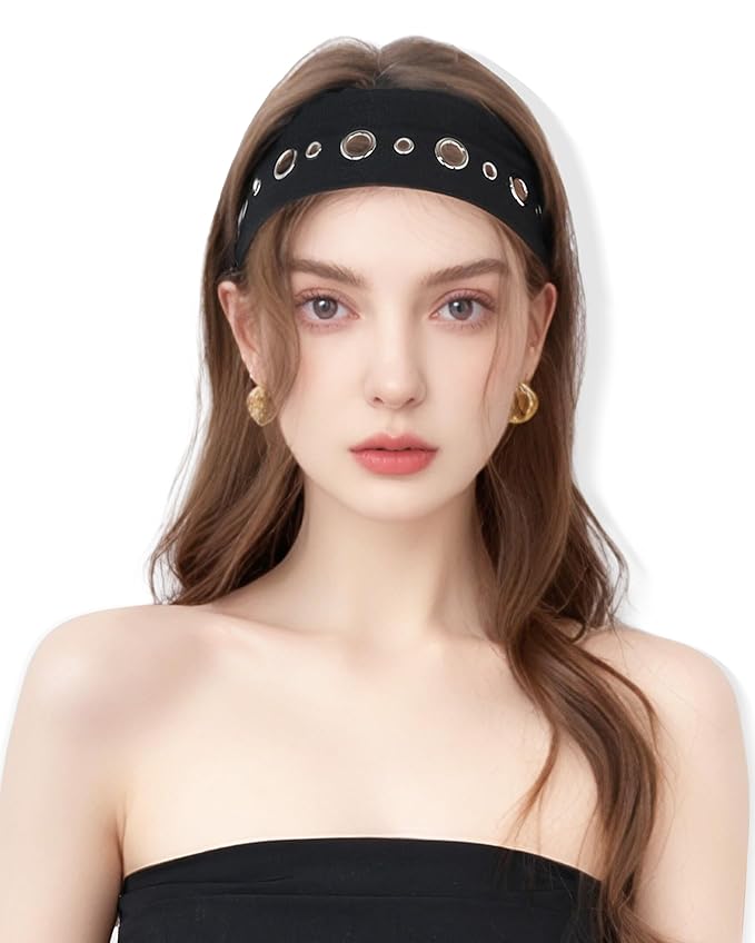Grommet Headband for Women, Black Circle Studs 23cm Hollow Out Elastic Hair Band, Eyelets Punk Grunge Stylish Hairband