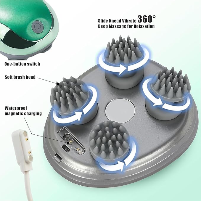 Electric Scalp Massager, Head Massage Scalp with 4 Removable Massage Claws, Rechargeable,Promotes Hair Growth, Relieves Stress, Waterproof, Portable Handheld Head Massager,Gift