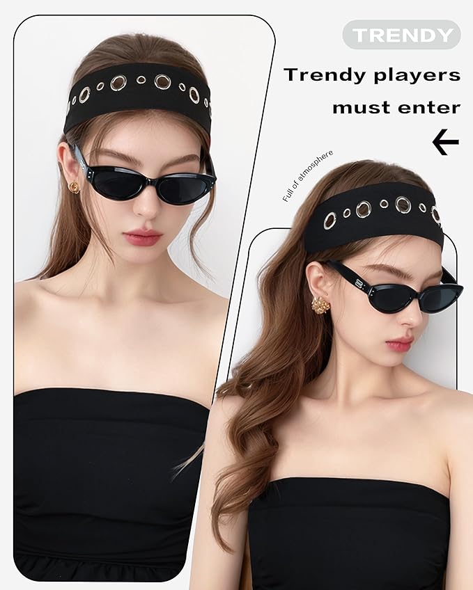 Grommet Headband for Women, Black Circle Studs 23cm Hollow Out Elastic Hair Band, Eyelets Punk Grunge Stylish Hairband