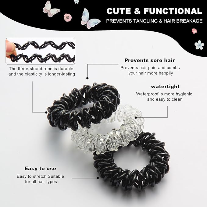 Upgraded Version Spiral Hair ties for Women, No Crease Clear Coil Hair Ties Spiral Ponytail Holders Scrunchies, Hair Coils/Phone Cord Hair Ties for Thin Hair/Soft Elastic. (8,Transparent)