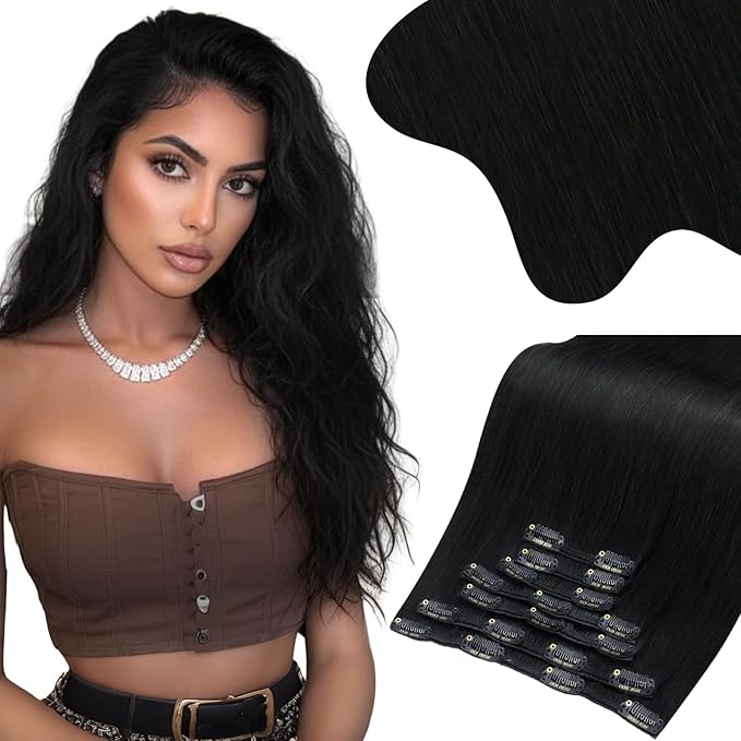 Moresoo Clip in Hair Extensions Black Women Double Weft Human Hair Clip in Extensions Black Hair Extensions Clip ins Real Human Hair Jet Black 7pcs/135g 16inch