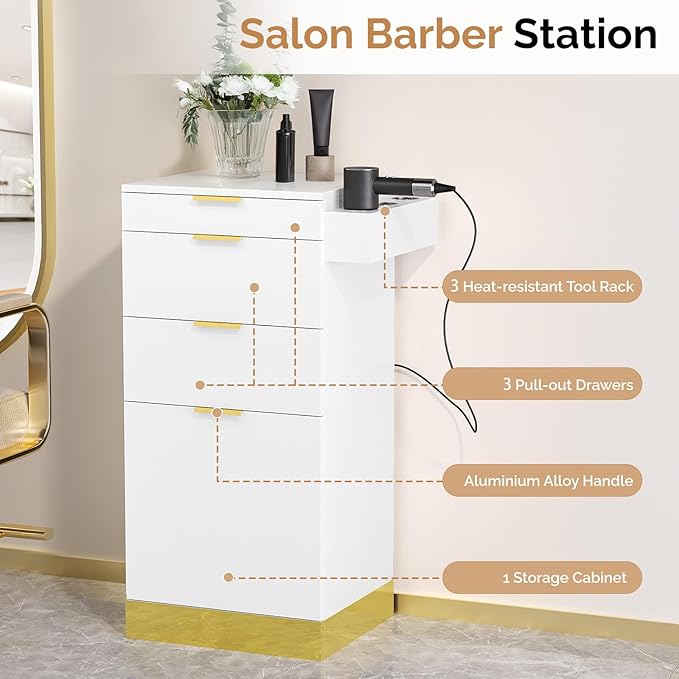 OmySalon Salon Station, Barber Station for Hair Stylist, Storage Cabinet with Stainless Steel Finish & Drawers & Heat Resistant Dryer Holders, Modern Style for Barbershop, White