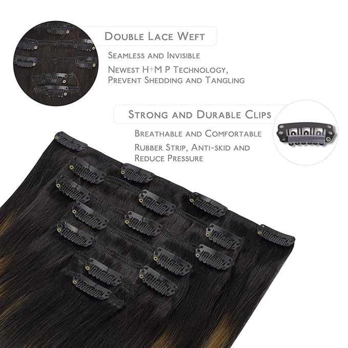 WENNALIFE Clip in Hair Extensions Real Human Hair, 12 Inch 80g 7pcs Remy Hair, Balayage Natural Black to Chestnut Brown Straight Natural Extensiones De Cabello Humano Con Clip Ins