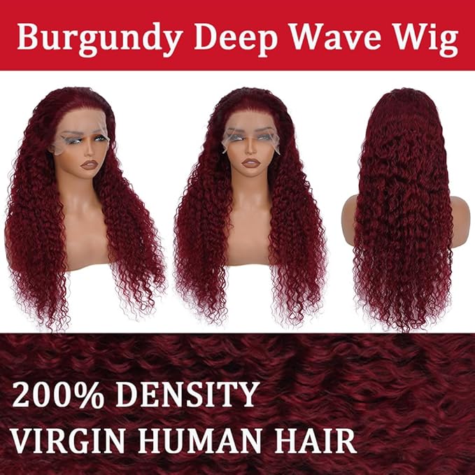 22 Inch Burgundy Lace Front Wigs Human Hair 13x6 Deep Wave HD Lace Front Burgundy Curly Frontal Wigs Human Hair Pre Plucked 200 Density