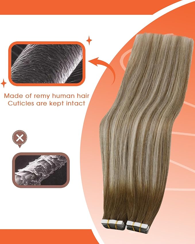 Sunny Hair Tape in Hair Extensions Real Human Hair Invisible Remy Hair Extensions Tape ins for Women Medium Brown Ombre PLatinum Blonde Balayage 18 inch 25G