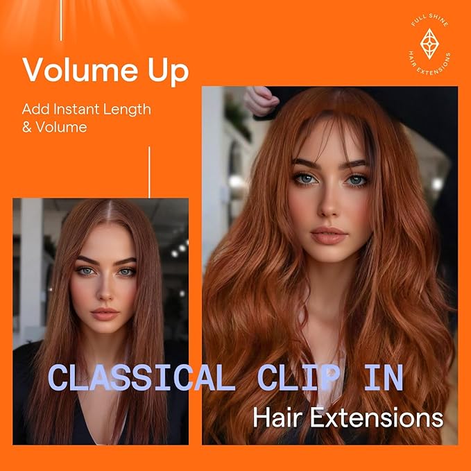 Full Shine Copper Real Hair Clip in Extensions Human Hair 14 Inch Clip in Real Hair Extensions Copper Invisible Hair Extensions for Dance 7 Pcs 120 G