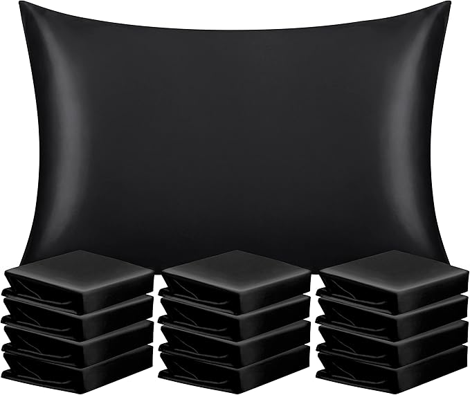NTBAY 12 Pack Satin Queen Pillowcases for Hair and Skin, Luxurious and Silky Pillow Cases with Envelope Closure, 20 x 30 Inches, Black