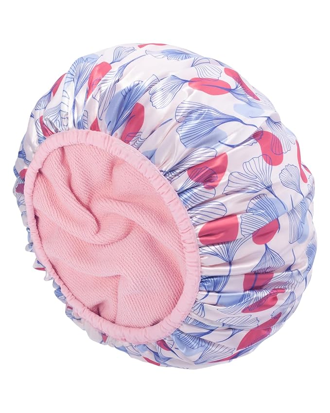 Auban Shower Cap, Shower Cap for Women Terry Cloth Lined EVA Exterior Reusable Double Layer Waterproof, Large Bath Hair Cap, Hotel Travel Essentials Accessories Cleaning Supplies (Flower)